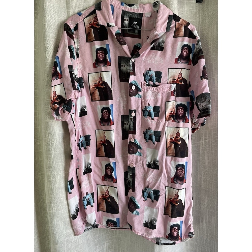 H&M x Notorious B.I.G. Pink Photo Button-Up Shirt Mens SMALLRegular Fit Hip Hop